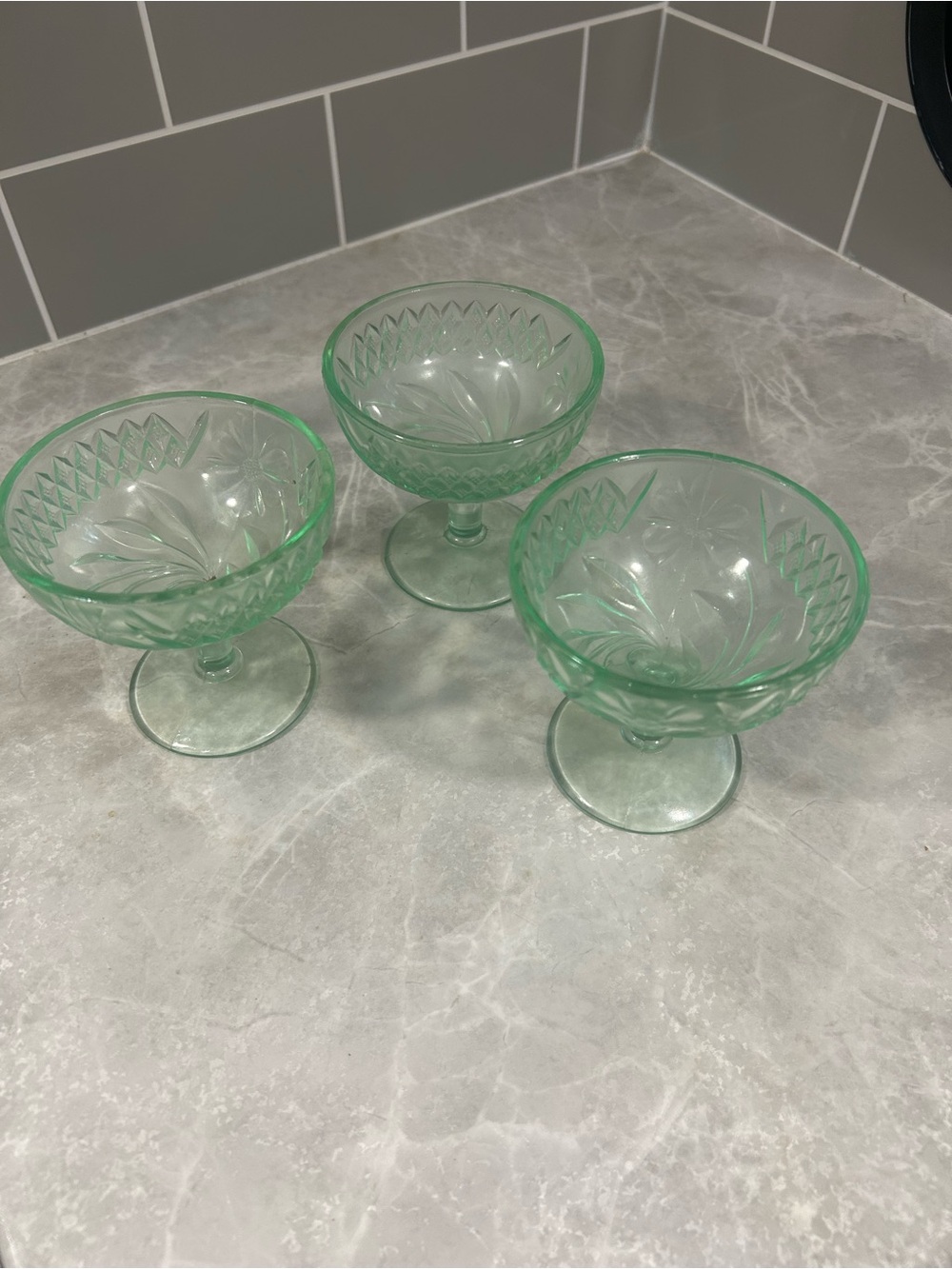 Set of 3 Green Pressed Glass Dessert Sherbets